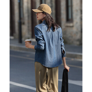 Demana relaxed denim shirt spring and autumn style layered double patch pocket topstitched contrast color fashionable shirt for women