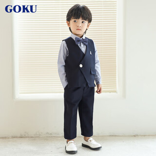 GOKU儿童礼服男童西装套装帅气英伦风男宝周岁生日宴会西服花童演出服 马甲+裤子+衬衫+领结 150 （建议体重58-67斤）