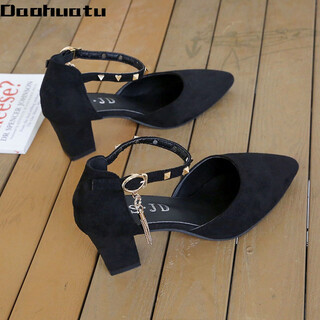 Daohuatu large size baotou sandals women's thick heels 41-43 fairy style high heels pointed toe versatile suede one-buckle women's single shoes black thick heels upgraded to standard size 43