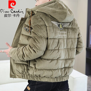Pierre cardin winter gold velvet cotton coat men's trendy korean style casual thickened warm cotton coat youth hooded cold weather jacket khaki m 90-105jin jin equals 0.5 kg