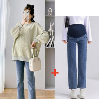 Mommy ranqi maternity autumn clothing set 2025 new korean style loose sweater fashionable western fashionable pregnant women autumn and winter two-piece set green top + blue jeans (set) l