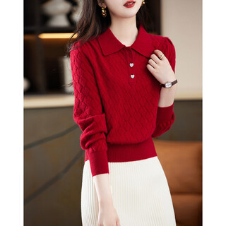 Demana spring and autumn arctic velvet lapel three-button sweater puff-sleeved sweater top chinese red l