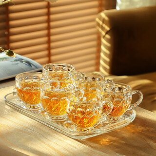 Langxu glass cup and plate set seven-piece set for new home, living room coffee table ornaments, thickened cups, 6 pieces with tray, xo style seven-piece set