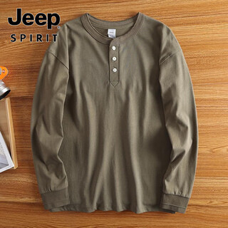 Jeep (jeep) extra large size jin jin is equal to 0.5 kg heavy cotton henley collar shirt men's long-sleeved thickened loose autumn and winter bottoming henley shirt army green xl 115-145 jin jin is equal to 0.5 kg