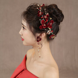 Meng junchen bridal tiara korean super fairy red flower wedding veil hair accessories toast clothing dress accessories type a burgundy tiara + earrings (ear clip style)