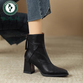 啄木鸟真皮粗跟短靴女2025春秋新款高跟英伦风复古马丁靴夏季棕色瘦瘦靴 黑色单里 37