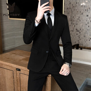 Playboy (playboy) men's suit korean version of business professional formal groomsmen slim graduation dress wedding suit three-piece suit for men two-button black suit + pants with waist tie 6xl