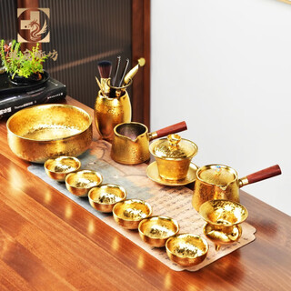 Langting yafang kiln gilt built cup complete set kung fu tea set tea cup set household teapot covered bowl office gift box full gold wooden handle pot + covered bowl + tea ceremony tea wash