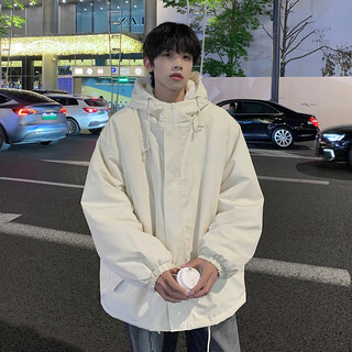 Poke lamb velvet cotton jacket men's winter hong kong style retro youth hooded cotton jacket plus velvet thickened loose cotton jacket beige xl 130-150jin jin equals 0.5 kg