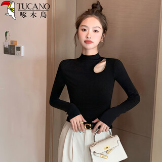 Woodpecker half turtle neck bottoming shirt women's hollow long sleeve autumn t-shirt slimming high-end threaded top black l