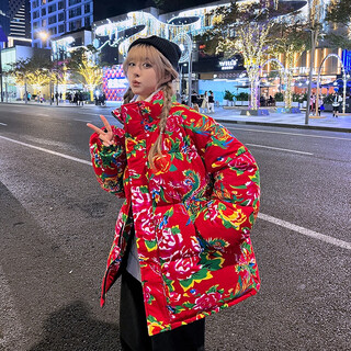 Unicorn cool chinese style large size cotton coat northeastern large floral cloth national trend internet celebrity couple cotton jacket men's cotton coat jacket red l