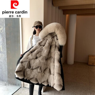 Pierre cardin parka women's 2023 new mid-length fox fur liner fur jacket removable liner raccoon coat excellent medium long black jacket + milk tea liner m 103-113jin jin is equal to 0.5 kg