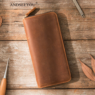 Andseeyou brand long wallet for men featuring retro crazy horse leather genuine leather men's zipper wallet long large capacity multi-card slot frosted wallet for men brown crazy horse leather