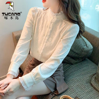 Woodpecker autumn and winter western style shirt thickened lace bottoming shirt women's 2025 new inner top fashionable velvet shirt off-white regular m