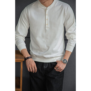 American retro heavyweight cotton baseball collar henley shirt t-shirt ami khaki tough guy style bottoming shirt men's spring white s