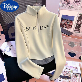 Disney (disney) velvet top for girls 2024 new style half turtleneck zipper fake two-piece versatile warm long-sleeved t-shirt apricot letter 160 recommended height 146-157cm