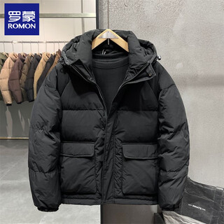 Romon autumn and winter hooded cotton jacket for men, short, fashionable, loose, casual, solid color, cold-proof, warm and thickened jacket, trendy, black, high quality, xl 135-155jin jin is equal to 0.5 kg