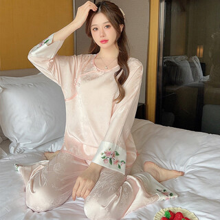 Adore autumn and summer simulated silk pajamas for women new chinese style ice silk pajamas spring and autumn national style high-end large size underwear home clothes set xy6601 national style (light pink) xxl (135-145)
