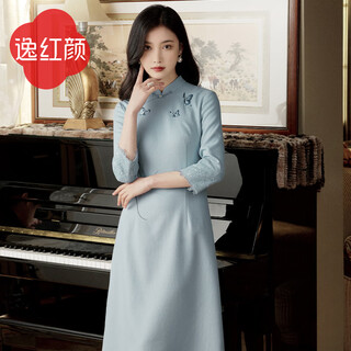 E.beauty huajiandie 2025 autumn new arrival embroidered chinese style professional improved cheongsam dress for women aqua blue three quarter sleeves m