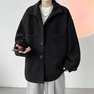 Jufeng oversize retro woolen coat men's short autumn and winter style double-breasted trendy fat people loose handsome coat men n8181 black m 90-110jin jin equal to 0.5 kg can be worn