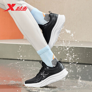 特步跑步鞋女子运动鞋秋冬加绒革面防泼水轻便减震户外跑鞋棉鞋黑色