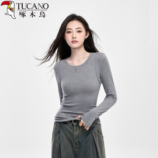 Woodpecker versatile threaded round neck curved hem long sleeve t-shirt women's slim fit bottoming top dark gray 2xl