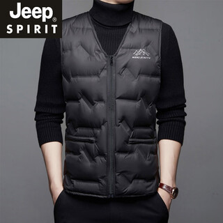 JEEP SPIRIT新款羽绒马甲男士秋冬季拉链V领羽绒服坎肩休闲马夹轻盈保暖背心 黑色 XL 适合120-140斤