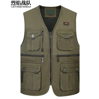 Flame rangers vest, men's autumn multi-pocket fishing vest, middle-aged and elderly casual 95 cotton belt lined waistcoat, 105 light military color vest xl (recommended weight 120-125 jin jin equals 0.5 kg)