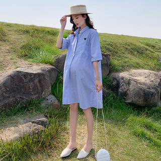Minchao glen pregnant mother maternity dress mid-length summer dress western style professional wear trendy mom large size loose summer shirt blue m