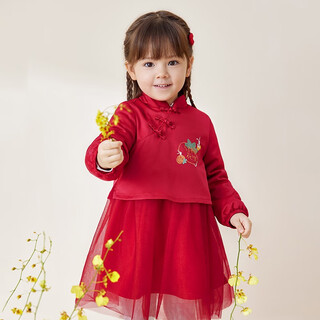 Yeehoo off-season autumn and winter baby clothes for girls, chinese style fake two-piece velvet dress, new year red yrlaj42344a 90cm