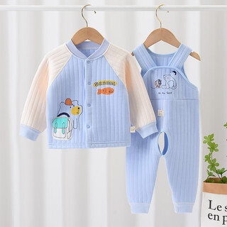 Xin yueqing autumn and winter children's quilted thickened three-layer thermal underwear for boys and girls pure cotton suspenders thermal underwear set backpack bear blue suspender warm 90