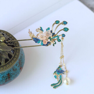 Meng junchen hanfu headdress, burnt blue hairpin made in ming dynasty, ancient style hair accessories for women, tassels, braided hair, super fairy cheongsam accessories, tracing back to the times