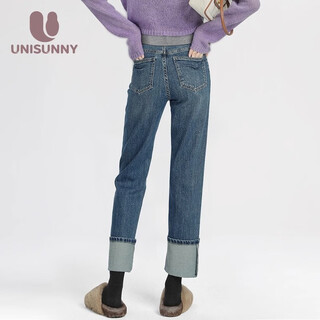 Pregnancy style maternity pants for small people in early pregnancy autumn and winter outer jeans plus velvet straight pants large size belly support cigarette pipe pants retro blue trousers m recommended 90 115jin jin is equal to 0.5 kg