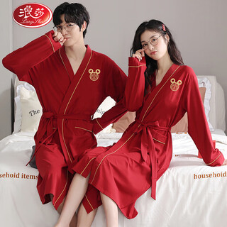 Langsha red wedding couple's nightgown for one man and one woman pure cotton festive newlywed pajamas bathrobe home clothes high-end gift box 9926 gift box female m + male xl