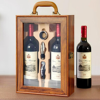 Wan jiazhen new painted wooden box red wine gift box empty box 2 pack universal packaging box high-end portable wine gift box window double red wine box 3-piece set of wine accessories