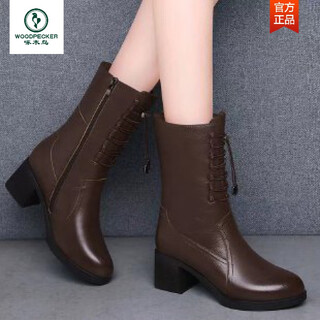 Woodpecker 2025 genuine leather thick heel short boots for women winter soft sole mid-boots new cowhide autumn and winter mid-calf mother's shoes and boots dark brown 38