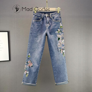 Mad cortes original design ethnic style embroidered straight jeans for women spring and autumn cotton stretch high waist loose slim cigarette pants blue 26