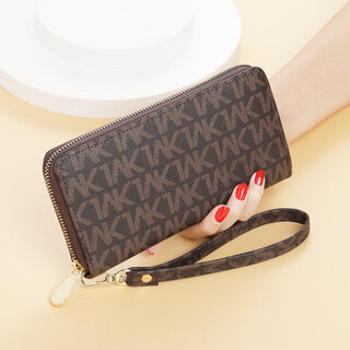 Cloth simple long wallet for women and men korean version 2022 new zipper clutch bag printed multi-card slot large capacity wrist bag dark coffee color