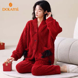 Dolamei pajamas women's autumn and winter coral velvet plus velvet warm red wedding birth year ladies home clothes set m