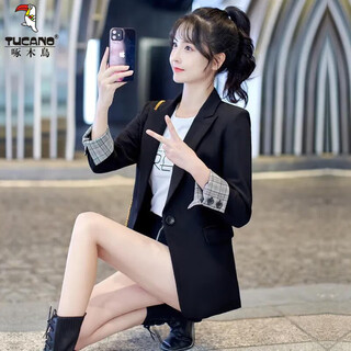Woodpecker professional small suit jacket for women 2025 spring and autumn new large size loose 200jin jin equals 0.5kg casual short suit top black l 100-120jin jin equals 0.5kg