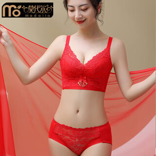 Modal zodiac year red underwear set for women with small breasts, no rims, widened and closed, five-breasted lace bra, second-breast queen suit, red five-breasted, 75b 34, you can note the thickness of the cup