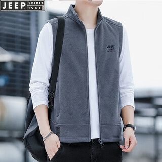 Jeep (jeep) vest men's 2025 spring and autumn new casual solid color hoodless stand collar warm men's polar fleece thickened vest trendy gray xl
