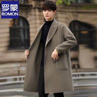 Romon double-sided woolen coat men's mid-length korean style woolen windbreaker winter thickened cashmere coat gray green m 125-150jin jin equals 0.5 kg