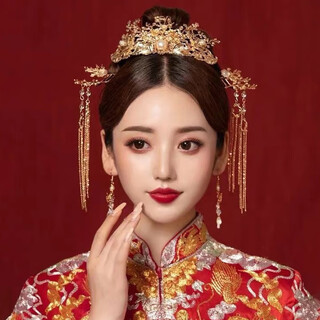 Crystal bride xiuhe headdress golden phoenix crown chinese style wedding costume tassel hair accessories show face small xiuhe clothing accessories grand xiuhe clothing headdress full set f656 ear hook style