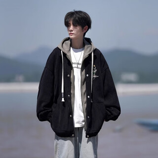 Shelley jones fake two-piece baseball uniform for boys in autumn and winter new thickened youth loose hooded jacket large size spring jacket j853 black regular xl recommended 125-135jin jin equals 0.5 kg