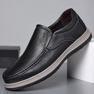Echi new leather shoes men's first-layer cowhide slip-on wear-resistant driving business casual shoes jst1351 black 41