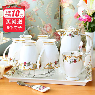 Pinlaiyun household water cup set ceramic living room tea cup cold kettle european heat-resistant bone china mug with tea tray tea set mount fuji style 9-piece set (ceramic tea tray)