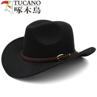 Woodpecker 3 sizes large head circumference adjustable spring, autumn and winter men's and women's woolen horse riding western cowboy hat black (no windproof rope) large head circumference 60-61cm