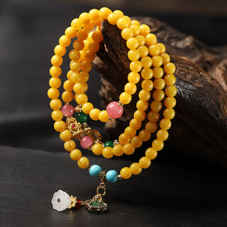 Fat donglai's same style beeswax bracelet for women with multiple circles, new style chicken oil yellow 108 beads, rosary beads for women, full of honey, old honey, original chicken oil yellow 108 beads, lotus pod style 6mm