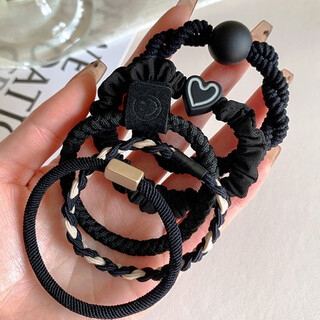 Jisenjia hair band high elasticity hair rope simple temperament head rope durable rubber band girls' head high ponytail headwear black 5-piece set